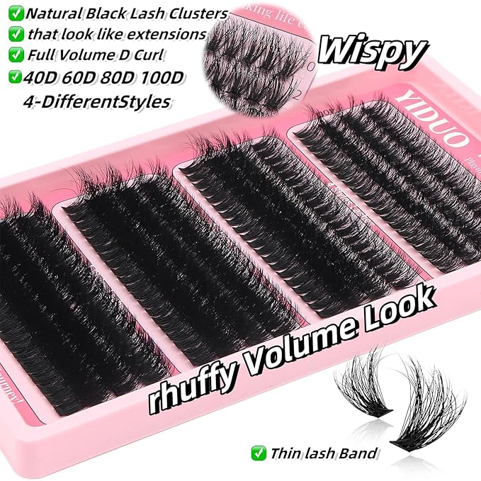 YIDUO Clusters Lashes Kit False Eyelashes Extensions 40D+60D+80D+100D Volume D Curl Wispy Individuals Fake Eyelash, 308Pcs All-in-1 Pack with Glue |Tweezers |Removers |Eyelash & Eyebrow Brush