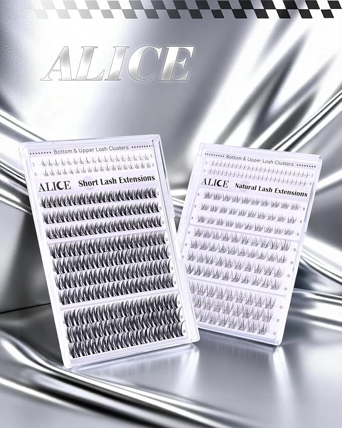 ALICE Natural Short Lash Clusters 8-12mm Eyelash Clusters Wispy Cluster Eyelash Extensions Clear Band Individual Lashes with 5-6mm Bottom Lashes