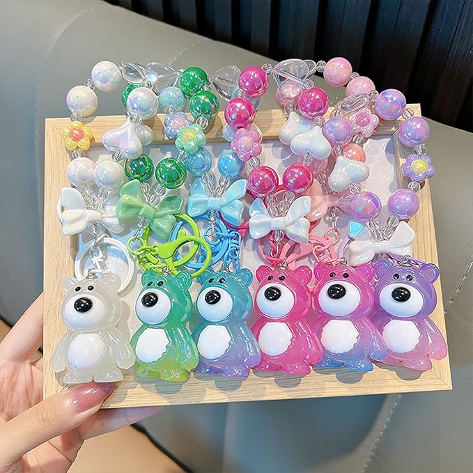 Bear Keychain For Women, Acrylic Bow Heart Flower Beaded Wristlet Gradient Color Colorful Gift Accessories