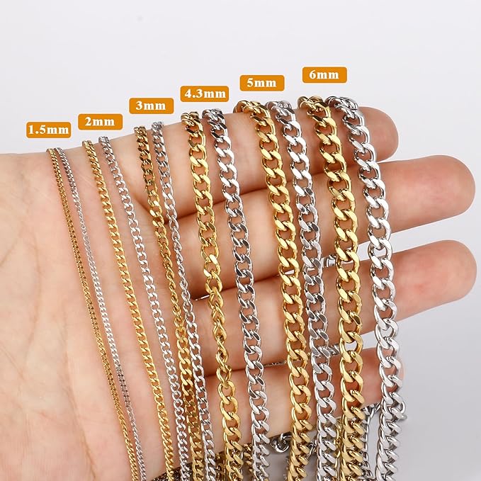 16.5FT Gold Stainless Steel Cuban Chain Roll 6MM 18K Gold PVD Plated Diamond-Cut Curb Link Chains Spool Bulk for Jewelry Making