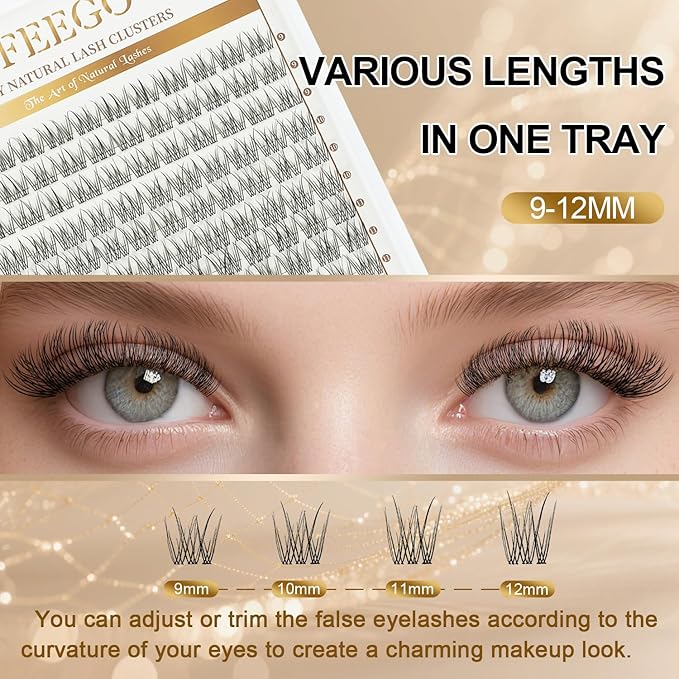 FEEGO Natural Lash Extension Kit 168Pcs Lash Clusters Kit Wispy Eyelash Extensions Individual Lashes Extensions with Bond and Seal Lash Glue and Eyelash Extension Tweezers DIY (9-12 MM)