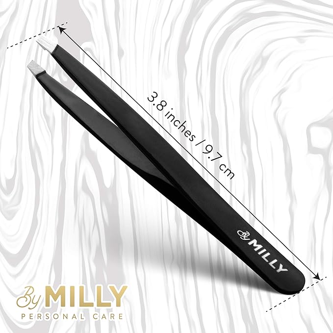 By MILLY Professional Slanted Tweezers for Women and Men | High Carbon Stainless Steel Sharp Tweezer | Tweezers for Women Facial Hair Plucking, Hand-Filed & Aligned Precision Slant Tips - Black