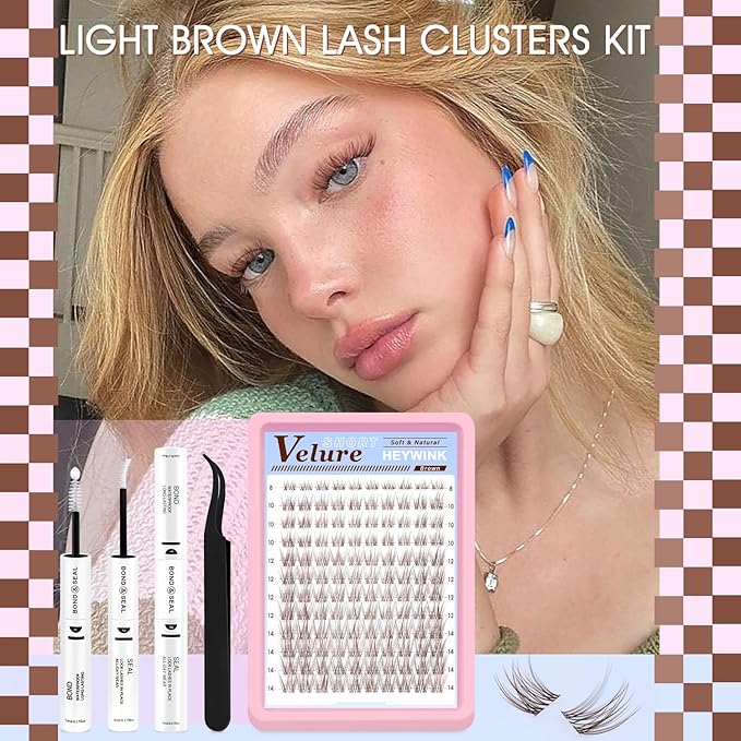 HEYWINK Brown Lash Clusters Kit Velure Lash Extensions Kit Natural Eyelash Clusters Short Lash Cluster 8-14mm Lash Clusters Natural with Invisible Band Individual Lash(Velure-Light Brown)