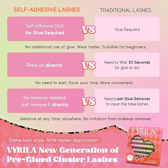 VYRILA Self Adhesive Lash Clusters Kit, D Curl Wispy Pre Glued Lash Extensions with Tweezers, Reusable 0.1mm Ultra Thin Band Natural Eyelashes, Easy Apply Eyelash Clusters for Beginners(PG-ZE12)