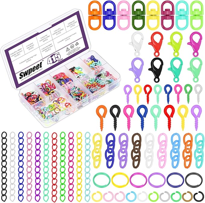 Swpeet 415Pcs Mixed Colors DIY Jewelry Accessories Assortment Kit, Including Lobster Claw Clasp, Swivel Eye Ring, Key Ring, Open Jump Ring, Eye Screw, and Extender Chain for Jewelry Making DIY Craft