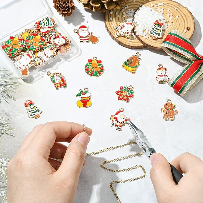 Stiesy 40 Pcs 10 Styles Christmas Theme Enamel Pendants Golden Plated Santa Claus Christmas Wreath Snowman Shape Dangle Charms Bulk for DIY Jewelry Making Necklace Bracelet Craft