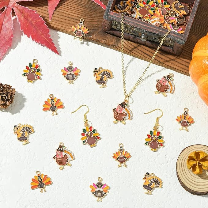 Stiesy 30 Pcs 6 Styles Enamel Assorted Turkey Charms Golden Color Thanksgiving Day Alloy Metal Charms Pendants Bulk for Bracelets Necklace Earring Jewelry Making DIY Craft