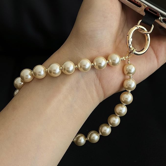 Beaded Phone Wrist Strap Phone Lanyard Pearl Beaded Hand Strap Wristlet Detachable Smartphone Wrist Lanyard (Champagne)