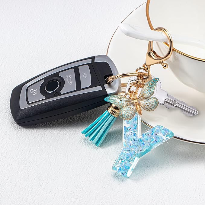 Initial letter Keychains for Women Girls Tassel Butterfly Cute Keychain for Wallet Backpack charm