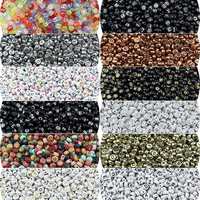 1000pcs Round Letter Beads 4x7mm Acrylic Alphabet Beads Spacer Beads for Jewelry Making Bracelets Necklace Earring Key Chains DIY Craft(L-White Letter Black Bead)