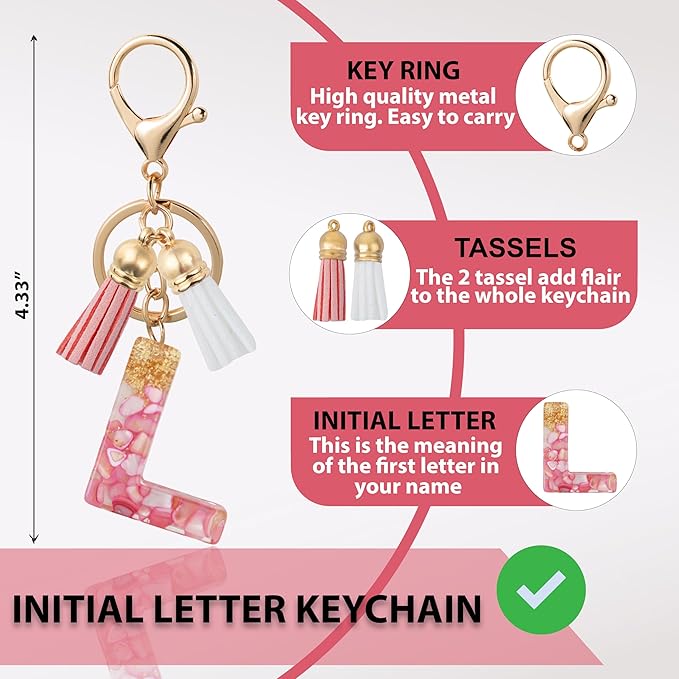 Initial Letter Keychain Cute Resin with 2 PU Tassel, Letter Keychain for Backpack Charms, Initial Keychains for Women