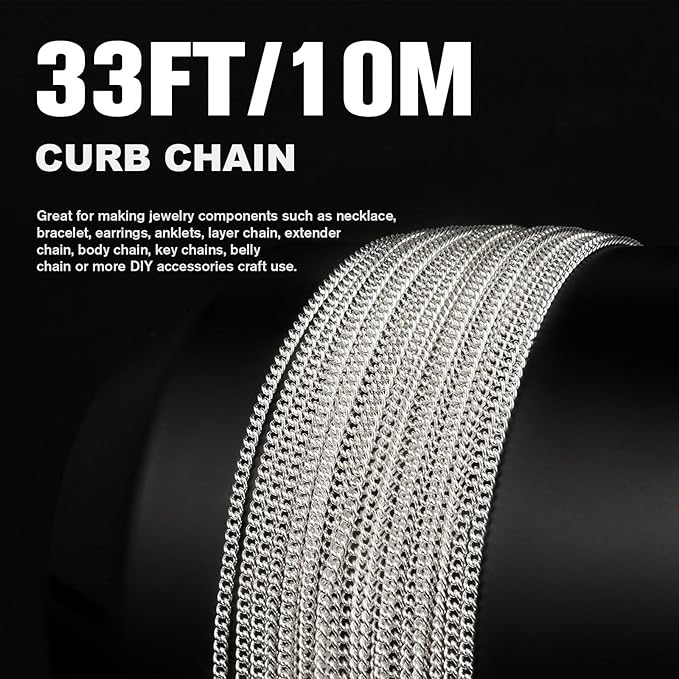 33 Feet Silver Curb Chains Bulk, 1.5mm Silver Plated 304 Stainless Steel Twisted Link Chains Roll Spool for Jewelry Making DIY Craft