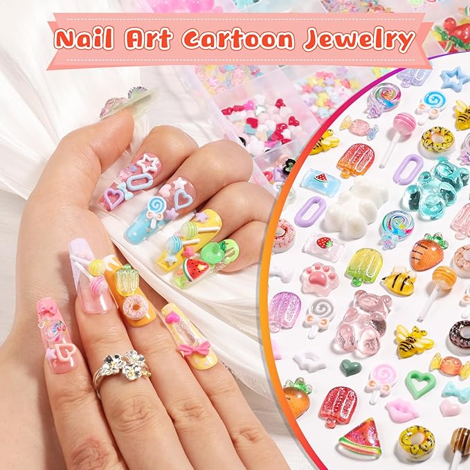 480PCS Jumbo Bear & Candy Nail Charms Kit, 3D Resin Hollow Hearts, Bees, Mini Bows for Acrylic Nails, Kawaii Nail Art Supplies with Tweezers for Nails Design, Crafts, Phone Cases Gifts