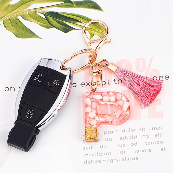 Suweibuke Cute Pink Key Chains for Women Girls, Initial Letter Keychains with Tassel, Charms for Key Purse Handbags Backpacks
