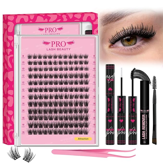 Lash Clusters Kit 3D Style Eyelash Clusters Kit with Lash Bond and Seal Eyelash Applictor Lash Remover for Beginner Waterproof Resuable Eyelash Extensions at Home (Attraction-3D,8-16mix)