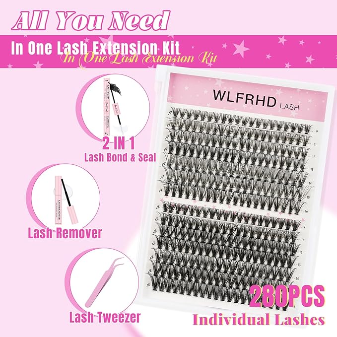 Lash Clusters Kit 280 Pcs DIY Individual Cluster Lashes D Curl Lash Extension Kit with Eyelash Bond and Seal, Remover, Tweezers Applicator Tool for False Eyelash Cluster Kit(30D 40D, Mix9-16mm Kit)