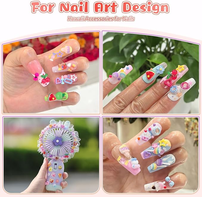 400PCS Kawaii Nail Art Kit with 100 Soft Clay Slices 300 3D Resin Candy Fruit Donut Star Charms for Acrylic Nails Supplies with Tweezers for DIY Crafts Slime and Shoe Decor