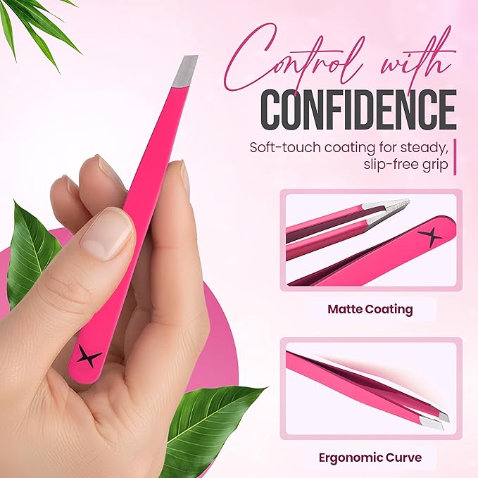 Stainless Steel Mini Slant Tweezer - Professional Precision Eyebrow Tweezers for Women & Men, Rust-Proof Travel Grooming Tool for Facial Hair Removal, Chin Hair & Ingrowns (Neon Pink)
