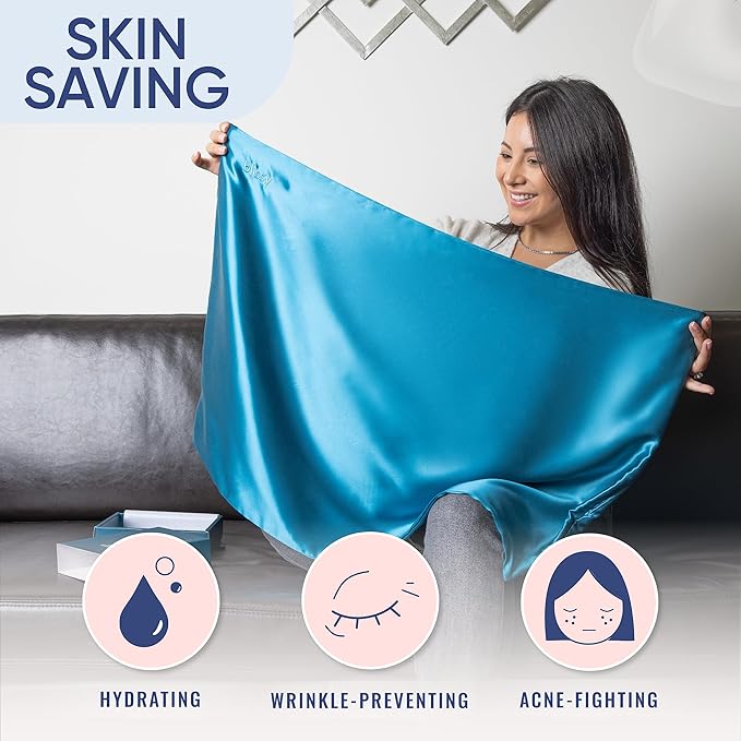 Blissy Silk Pillowcase - 100% Pure Mulberry Silk - 22 Momme 6A High-Grade Fibers - Silk Pillow Cover for Hair & Skin - Regular, Queen & King (Aqua, Standard)
