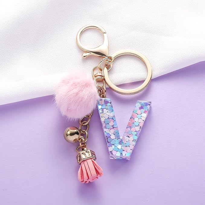 Resin Alphabet Initial Letter Keychain Keyring for Women Purse Handbags With Fur Ball Pom