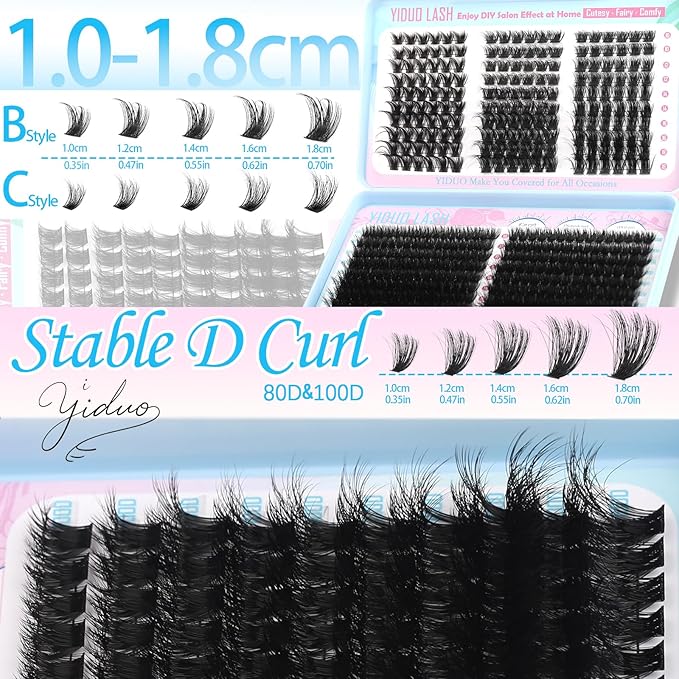 YIDUO 5 Styles Eyelash Clusters Kit 80D 100D Volume D Curl Wispy Individuals lash Extensions Kit, Volume Studio Effect, Fake Eyelashes 500Pcs All-in-1 Pack with Glue |Tweezers |Removers |Brush