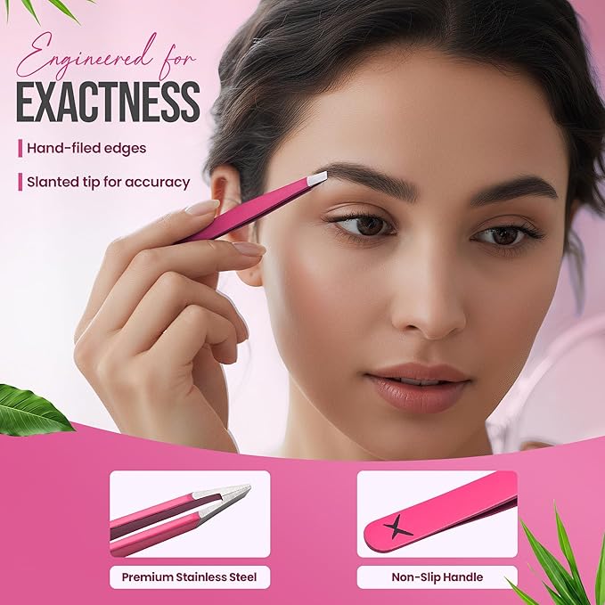 Stainless Steel Mini Slant Tweezer - Professional Precision Eyebrow Tweezers for Women & Men, Rust-Proof Travel Grooming Tool for Facial Hair Removal, Chin Hair & Ingrowns (Neon Pink)