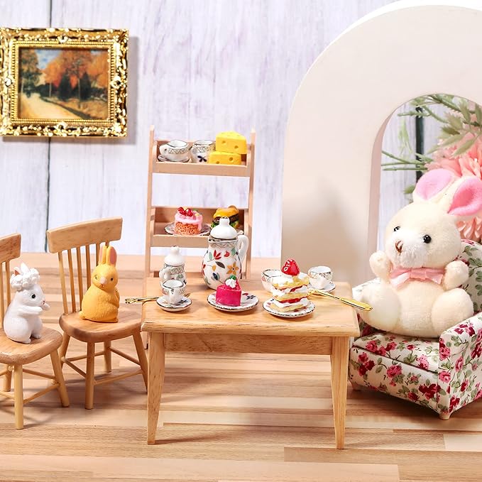Geiserailie 2 Set 1:12 Dollhouse Miniature Porcelain Tea Cup 30 Pieces Mini Flowers Pattern with Golden Trim Teapot Cup Plate Mini Tea Dollhouse Kitchen Accessories