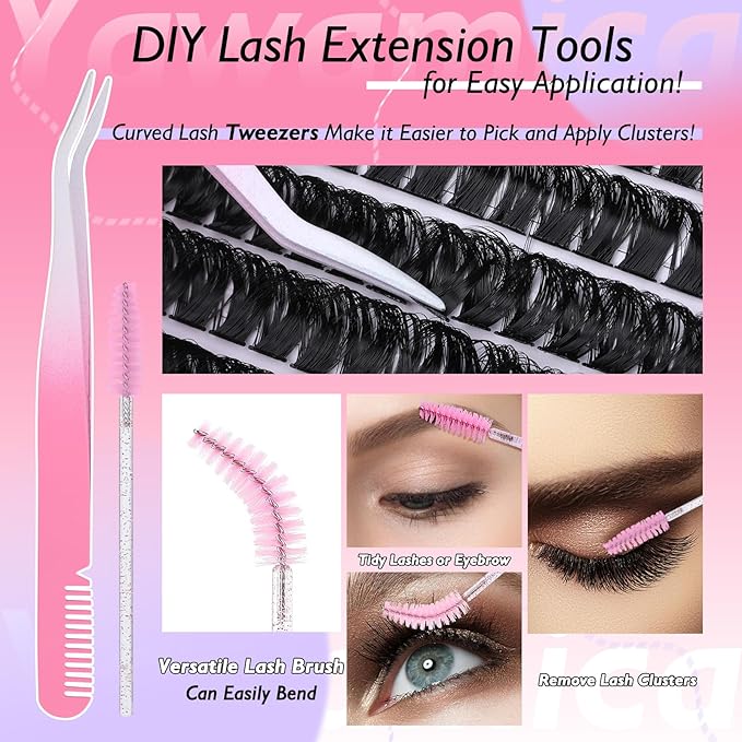 Yawamica Lash Clusters Kit Fluffier Eyelash Extension Kit 100D Thick Volume Individual Lashes 10-18mm 300pcs Eyelash Clusters with Bond and Seal and Lash Remover and Lash Applicator Kit DIY at Home