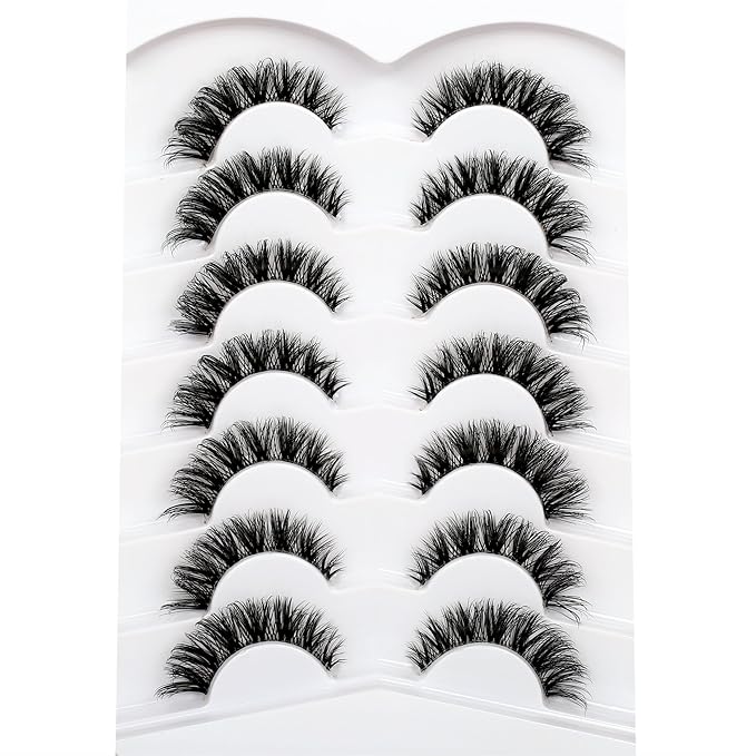 Pooplunch False Eyelashes Natural Clear-Band Cat Eye Look Extensions Volume Cluster Lash Wispy Short Fake Eyelashes Faux Mink Strip Lashes 7 Pairs Pack