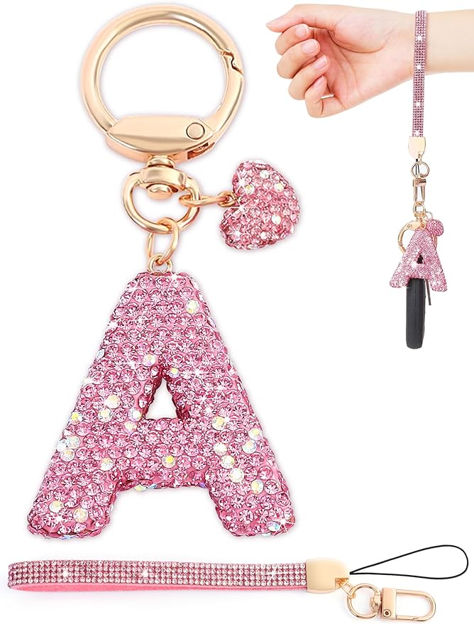 Initial Keychain for Women Girls,Bling Letter Key chain Initial with Heart,Pink Keychain Charms for Backpack Handbag