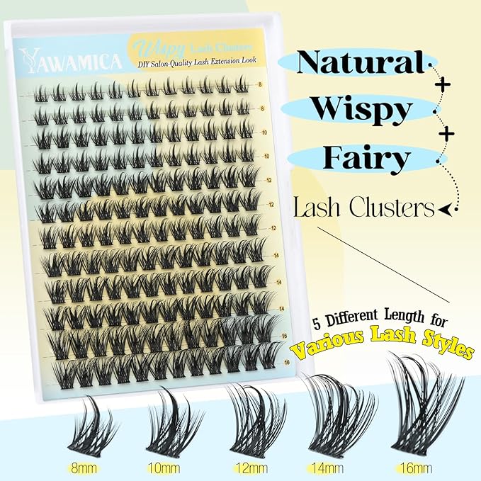 Yawamica Lash Clusters Wispy Eyelash Extensions 8-16mm Natural Volume Eyelash Clusters Pestañas Postizas Naturales C Curly Manga Individual Lashes 144pcs Cluster Lashes DIY Fairy Lash Extension Look