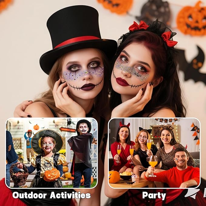 8 Pcs Halloween Face Gems Glitter Freckles Tattoos - Waterproof Face Jewels with Pumpkin Ghost Designs - Sparkling Face Makeup Stickers for Women, Kids, Party & Rave Supplies