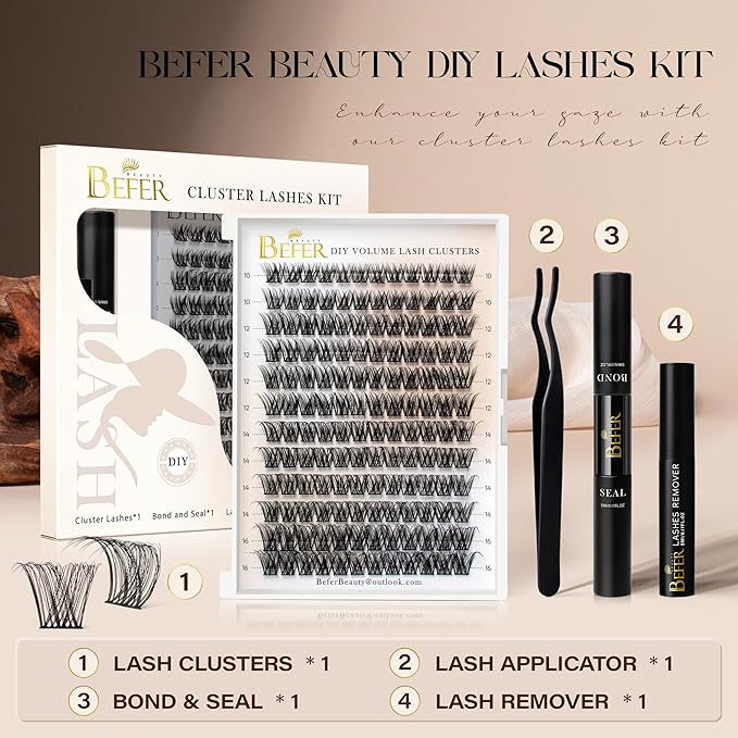 BEFER Lash Clusters Kit, 144 Pcs D Curl Eyelash Clusters Volume Individual Lashes Extensions Bond and Seal Gentle Remover 10-16MM Wispy Eyelash with Tweezers DIY At Home(Radiance, FD03 Kit)