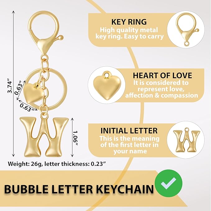 Heart Bubble Letter Keychain for Women, Girls - Cute Keychain with Initial - Alphabet Keychain for Bag Charm, Handbag