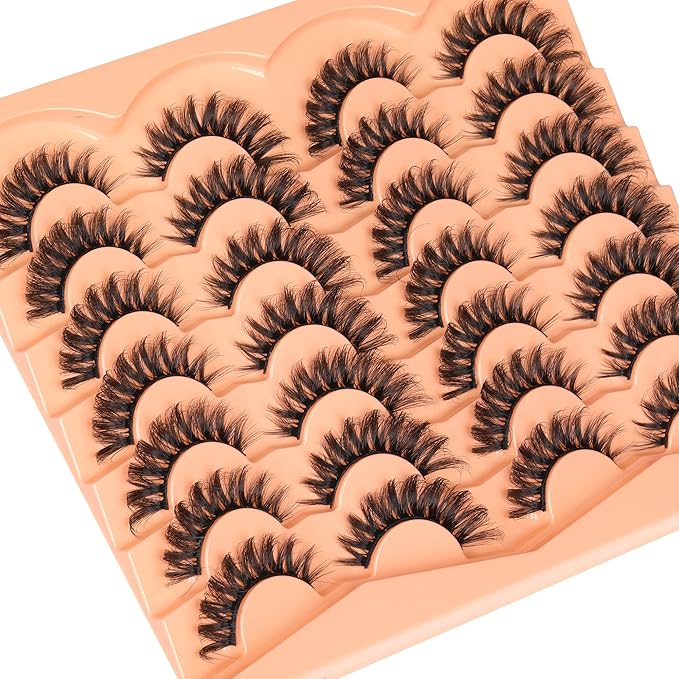JIMIRE False Eyelashes 14 Pairs Cat Eye Lashes Wispy Fluffy D Curl Strip Natural Lashes Look Like Eyelash Extension 16MM Wispy Faux Mink Fake Lashes Pack