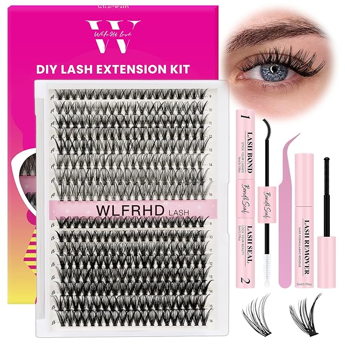 WLFRHD Lash Clusters Kit 320 Pcs D Curl DIY Natural Wispy Lashes Eyelashes Clusters Eyelash Extension Kit with Eyelash Bond and Seal, Remover & Tweezers (30D+40D, Mix9-16mm Kit)