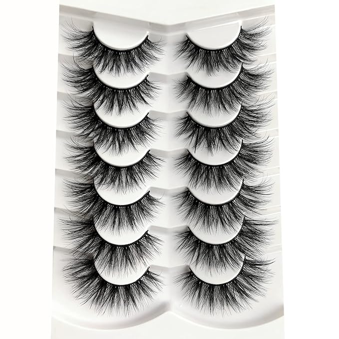 Pooplunch False Eyelashes 8D Cat Eye Volume Wispy Clusters Faux Mink Lashes Fake Eyelash Strips 7 Pairs Pack