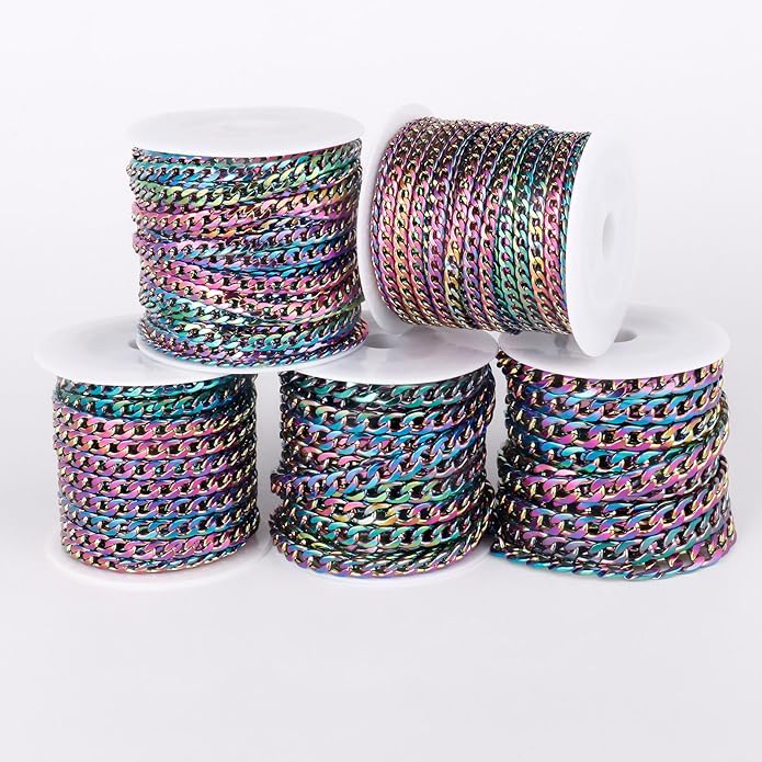 16.5 Ft Stainless Steel Curb Chains, 5mm 6mm 7mm 9mm Cuban Chain Roll Bulk for Jewelry Making