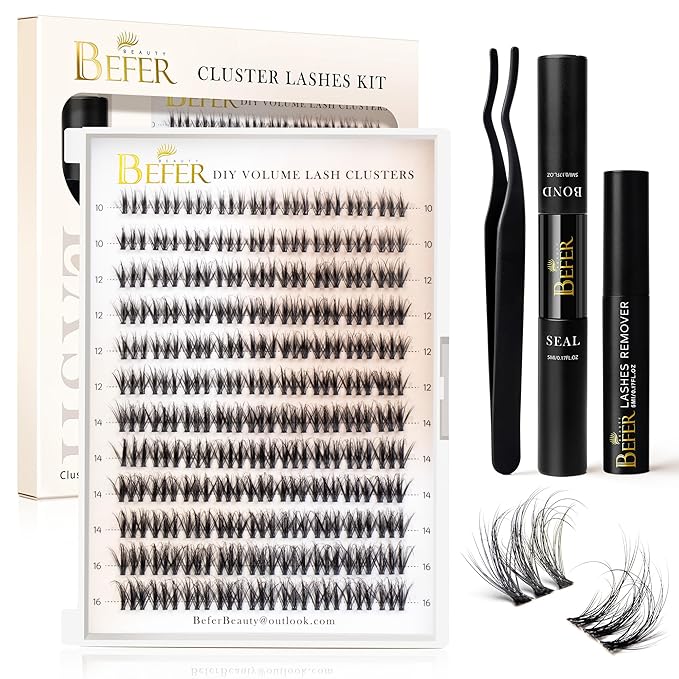 BEFER Lash Clusters Kit, 108 Pcs 3D Curl Eyelash Clusters Volume Individual Lashes Extensions 10-16MM Wispy Eyelash with Tweezers DIY At Home(Wit, ZE12,Kit)