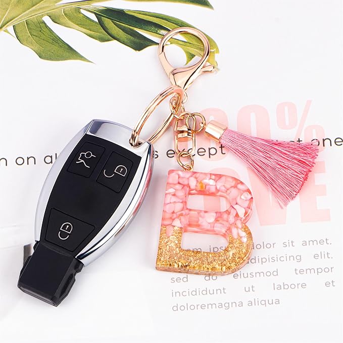 Suweibuke Cute Pink Key Chains for Women Girls, Initial Letter Keychains with Tassel, Charms for Key Purse Handbags Backpacks