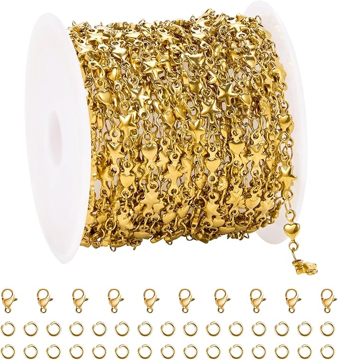 UMAOKANG 13 Feet Gold Plated Chain for Jewelry Making Stainless Steel Star Heart Chain on Spool with Jump Rings and Lobster Clasps