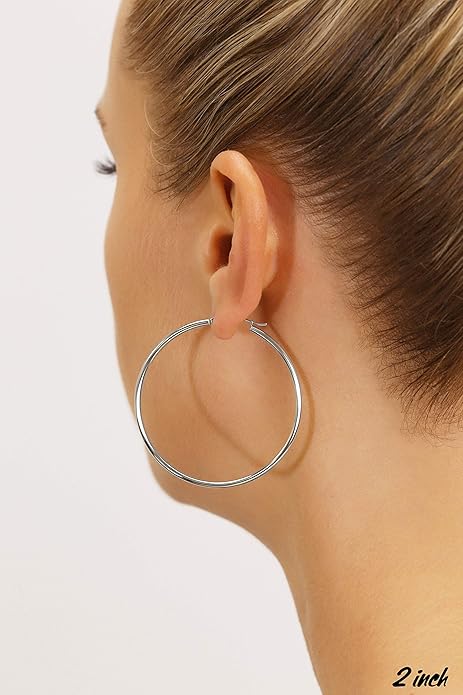 Classic 10K White Gold Hoop Earrings - Shiny Polished Plain Round Gold Hoops for Women and Men