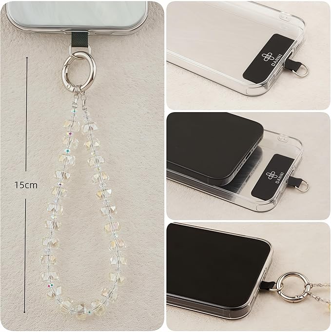 Crystal Beaded Phone Wrist Strap Glass Beads Bracelet Lanyard Crystal Chain Cell Phone Wristlet Strap for Women (Transparent)