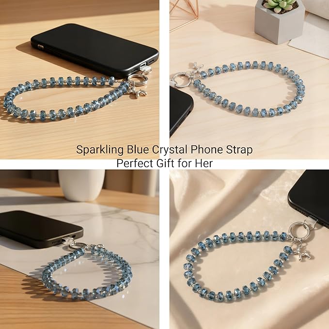 Crystal Phone Wrist Strap Phone Charm Chain Keychain Beaded Cellphone Lanyard with Tether Tab Hands-Free Wristlet Bracelet Wrist Grip Strap for Women, W-Blue