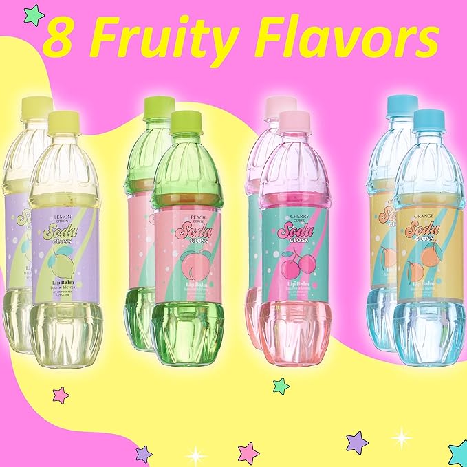 8pc Pop Gloss - Novelty Soda Fruity Flavored Lip Balm Set, Vending Machine Soda Lip Balm Collection, Safe and Non-Toxic Lip Gloss Gift Set For Girls