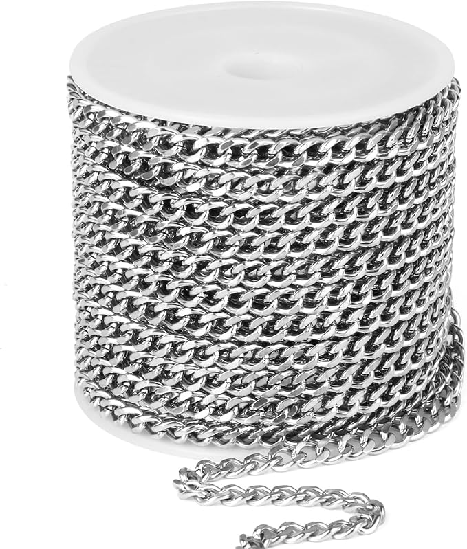 33FT Stainless Steel Cuban Chain Roll 3MM Diamond-Cut Curb Link Chains Spool Bulk for Jewelry Making