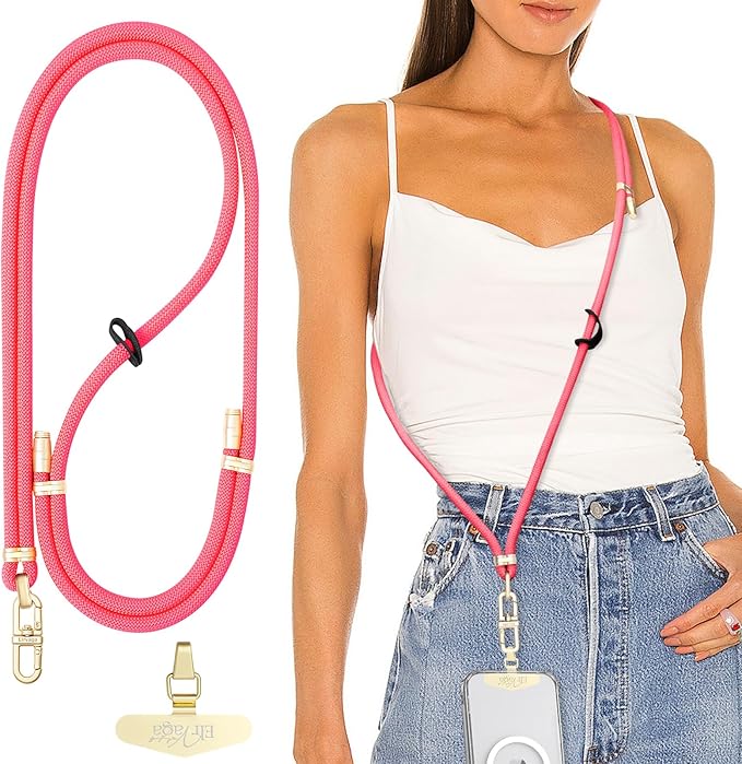 Adjustable Anti-Theft Phone Lanyard - 8mm Mountain Climbing Rope Neck & Crossbody Strap with Secure Locking Metal Clip - Rugged Outdoor Design for Smartphones (Rose Red)