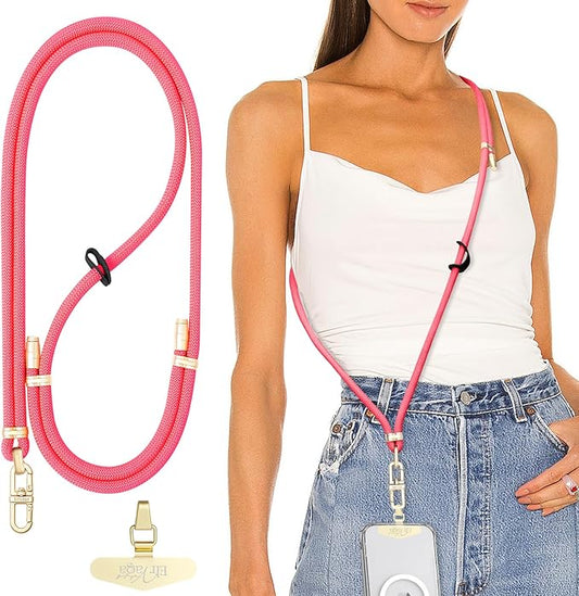 Adjustable Anti-Theft Phone Lanyard - 8mm Mountain Climbing Rope Neck & Crossbody Strap with Secure Locking Metal Clip - Rugged Outdoor Design for Smartphones (Rose Red)