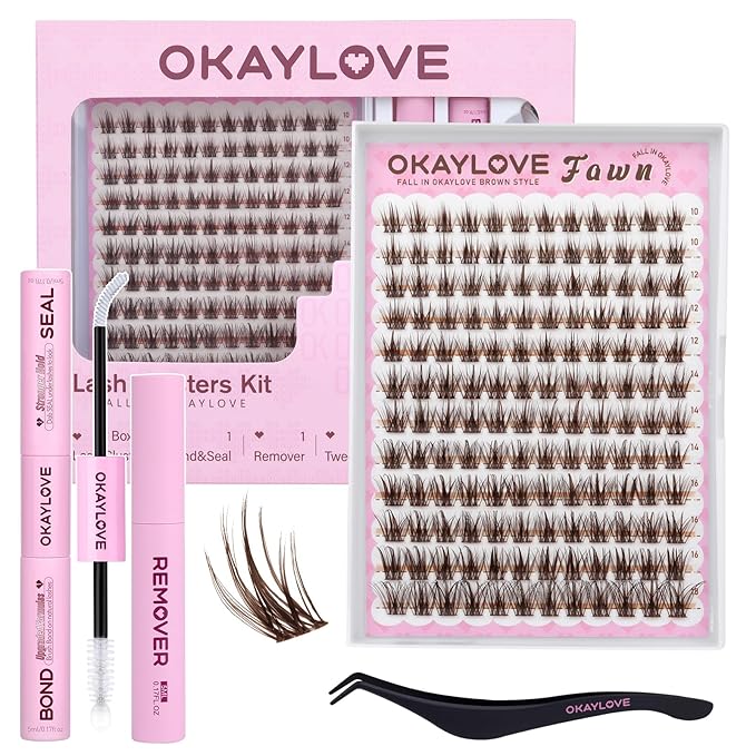 OKAYLOVE Brown Lash Clusters Kit, FAWN 10-18mm Wispy Lashes Clusters Kit Natural Eyelash Clusters Kit, 144pcs CC Curl Eyelashes Extension Kit Individual Lashes with Bond and Seal, Remover, Tweezers