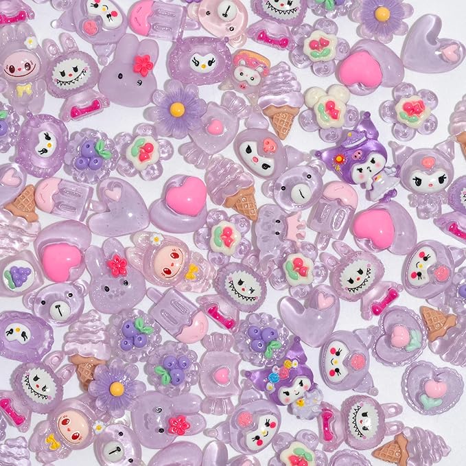 Charms 100PCS Mixed Kawaii Flatback Resin Charms for Crafts, Cabochon for DIY Projects, Slime Charm, Resin Art, Scrapbooking, Phone Case & Accessories (Purple)